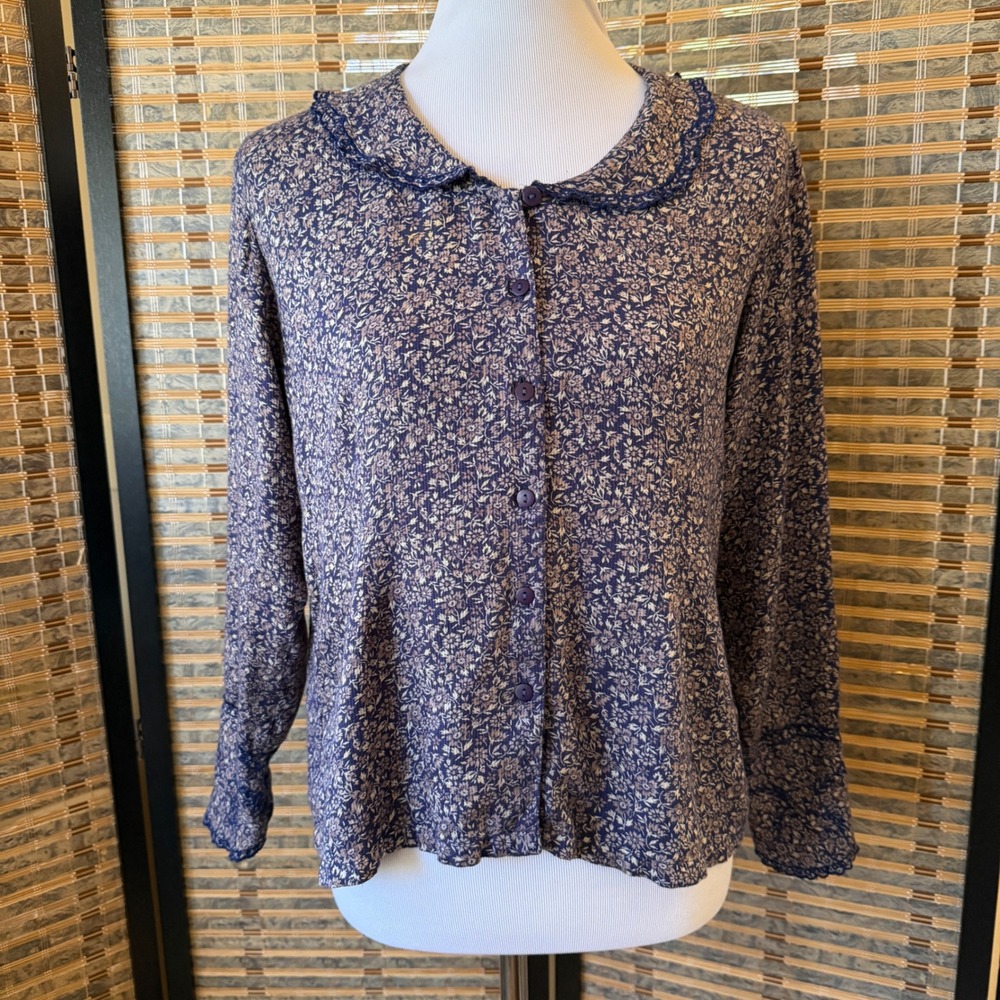 Vintage 90s April Cornell Blue Floral Rayon Blouse Small Cottagecore Peplum